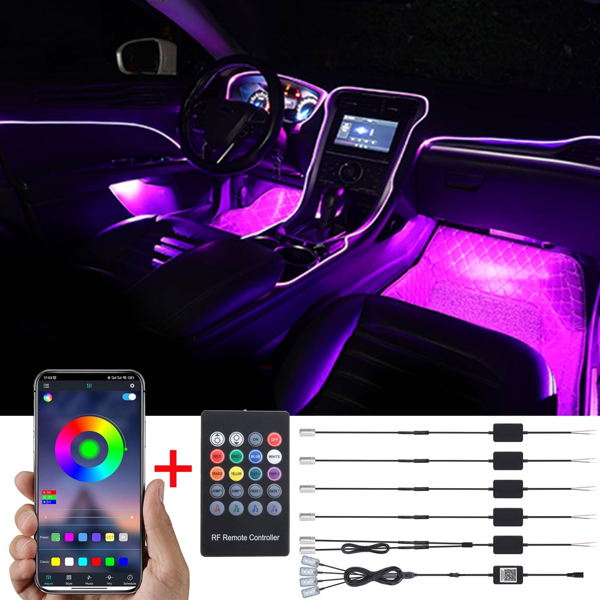 TABEN Umgebungslicht APP Control + RGB-Fernbedienung Auto Atmosphärenlicht Lampe Soft DIY Refit 8m Glasfaserband 64 Farben Innenraum Fußraumbeleuchtung Dekoratives Licht 1W DC 12V-24V von TABEN