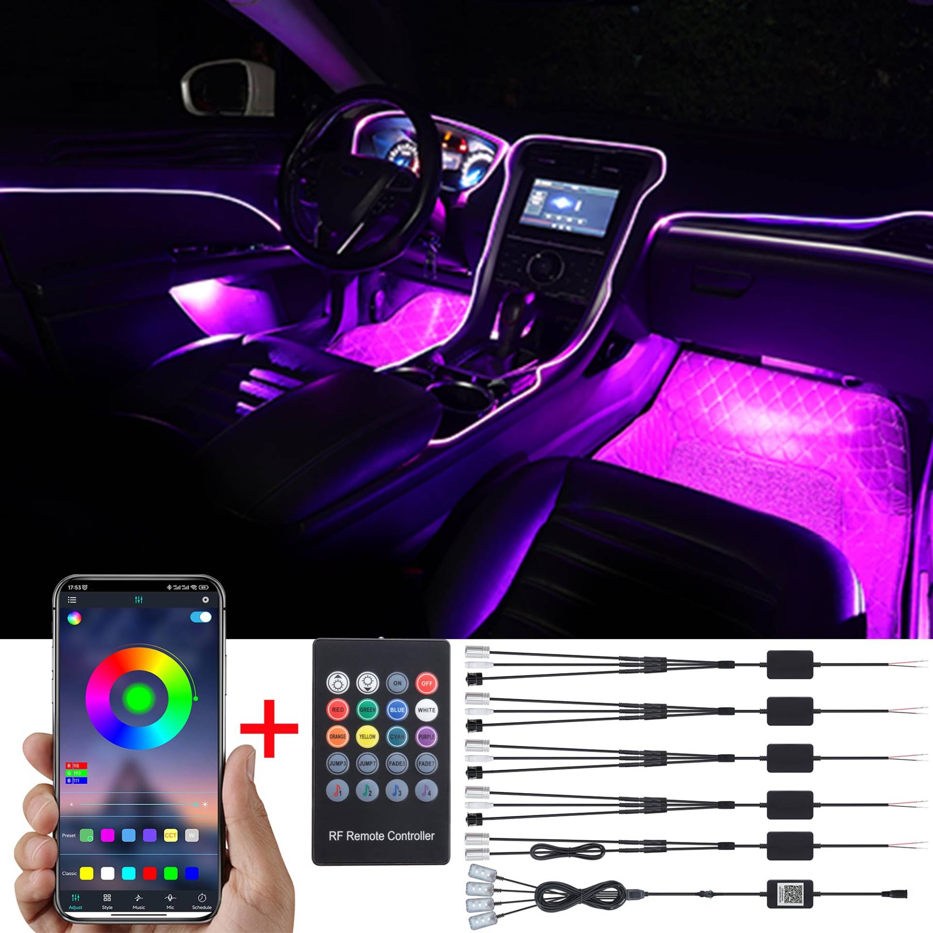 TABEN Umgebungslicht APP Control + RGB-Fernbedienung Auto Atmosphärenlicht Lampe Soft DIY Refit 8m Glasfaserband 64 Farben Innenraum Fußraumbeleuchtung Dekoratives Licht 1W DC 12V-24V von TABEN