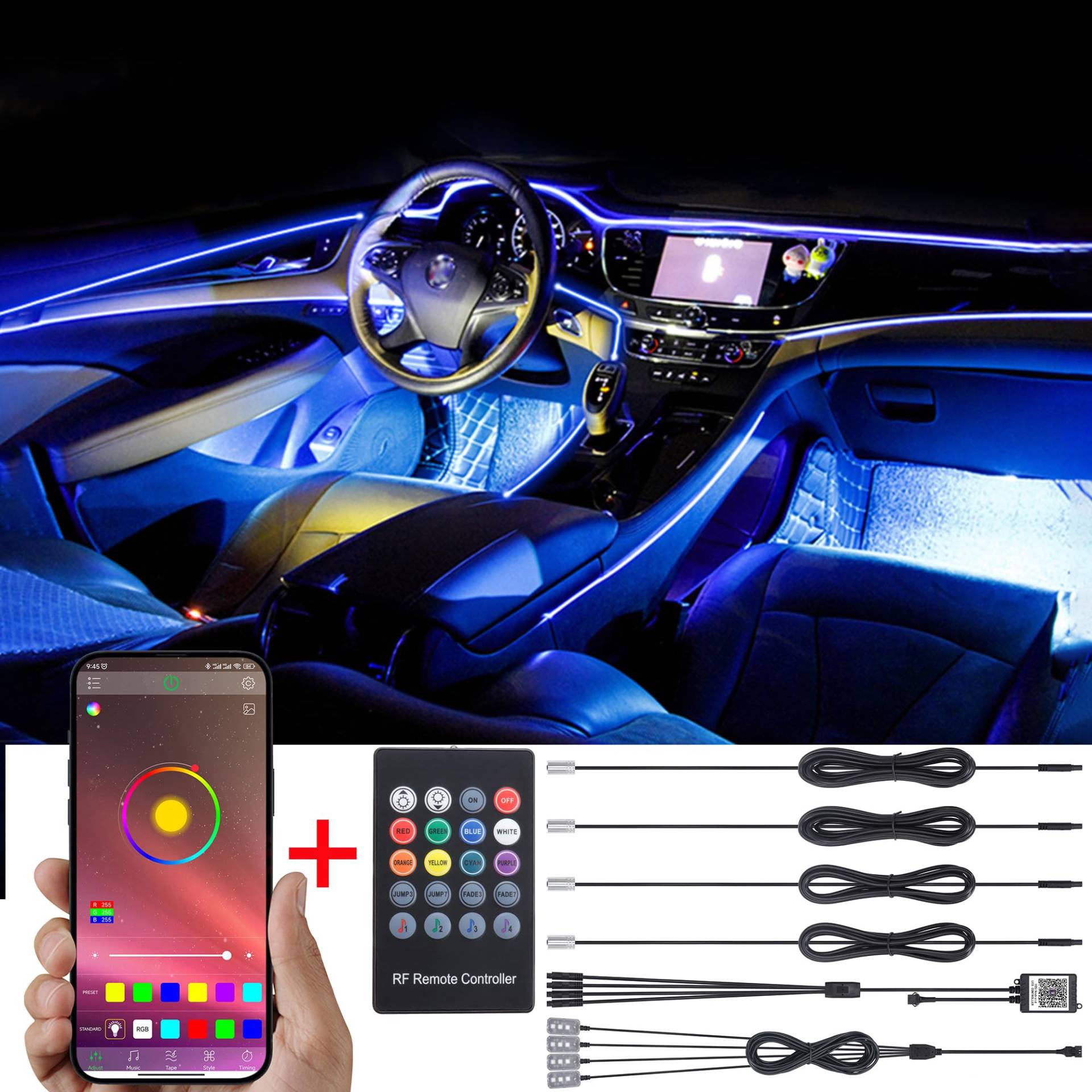 TABEN Umgebungslicht APP Control + RGB-Fernbedienung Auto Atmosphärenlicht Lampe Weiche DIY Refit Glasfaserband 64 Farben Innenraum Fußraumbeleuchtung Dekoratives Licht 1W DC 12V 5m von TABEN