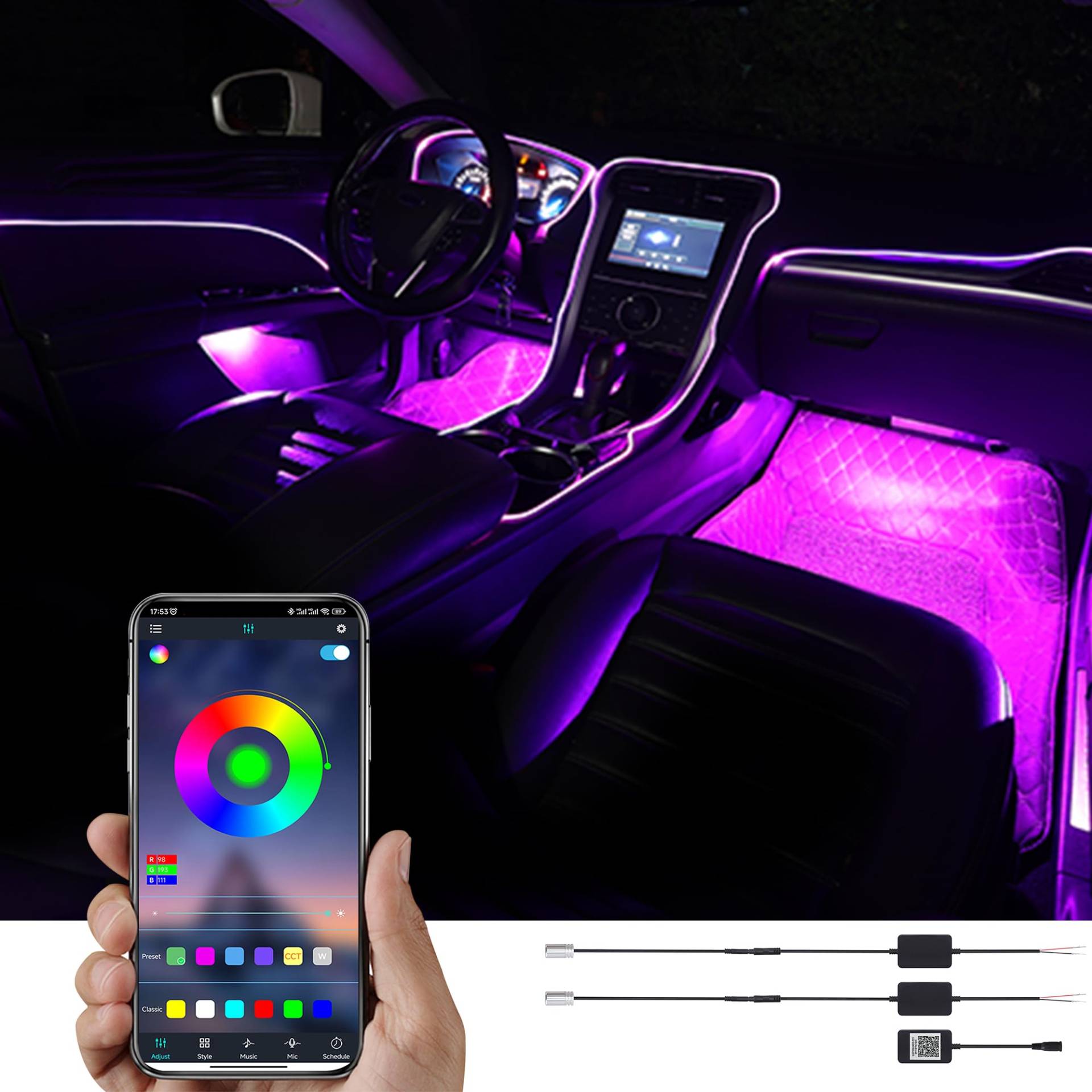 TABEN Umgebungslicht APP Control Auto Atmosphäre Licht Lampe Soft DIY Refit 3m Glasfaserband 64 Farben Innenbeleuchtung Dekoratives Licht 1W DC 12V-24V von TABEN