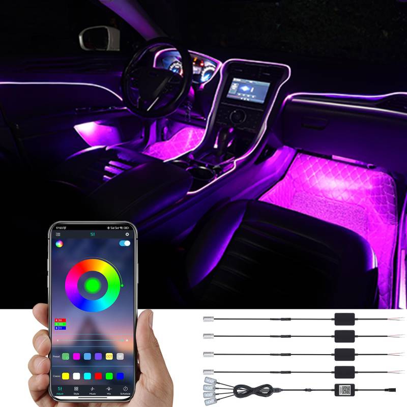 TABEN Umgebungslicht APP Control Auto Atmosphäre Licht Lampe Soft DIY Refit 5m Glasfaserband 64 Farben Innenraum Fußraumbeleuchtung Dekoratives Licht 1W DC 12V-24V von TABEN