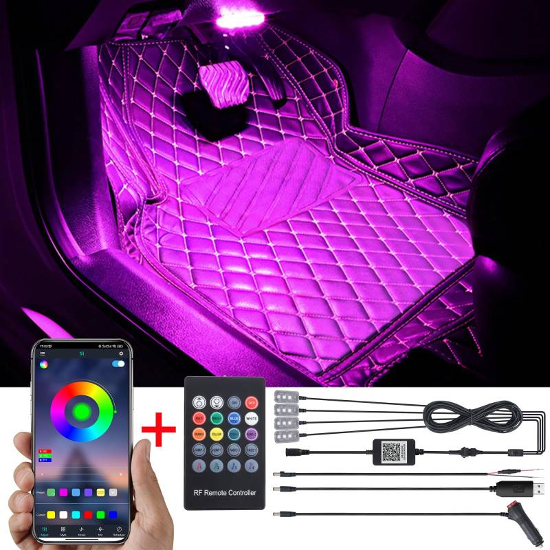 TABEN Umgebungslicht APP-Steuerung + RGB-Fernbedienung Auto Atmosphärenlicht Lampe DIY Refit 64 Farben Innenraum Fußraumbeleuchtung Dekoratives Licht 1W DC 12V-24V von TABEN