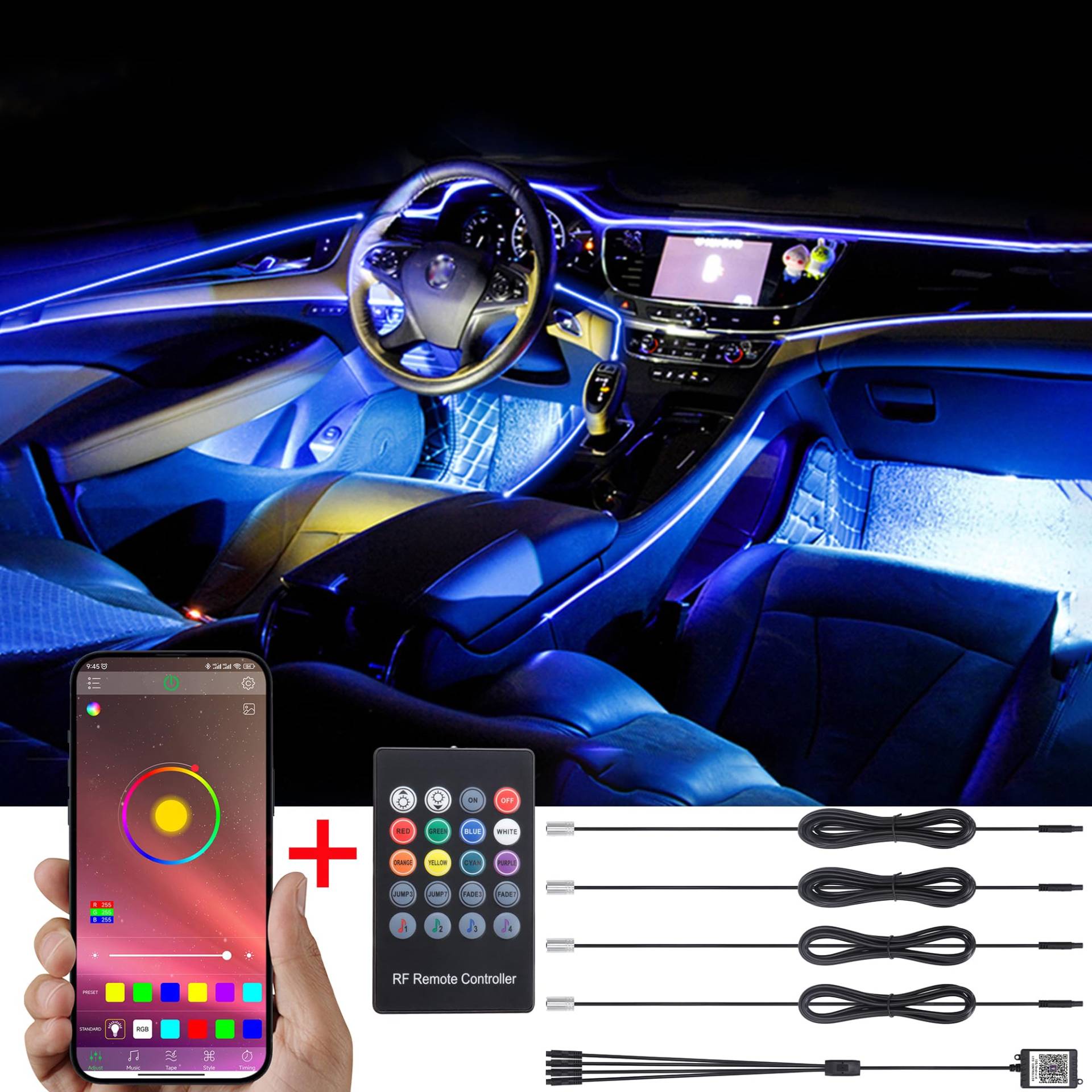 TABEN Umgebungslicht APP-Steuerung + RGB-Fernbedienung Auto Atmosphärenlicht Lampe Weiche DIY Refit Glasfaserband 64 Farben Innenbeleuchtung Dekoratives Licht 1W DC 12V 4m von TABEN