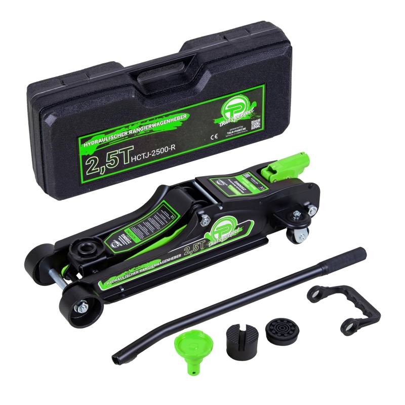 Wagenheber hydraulisch 2,5 Tonnen Flache Ausführung 80mm – 360mm Low Profile inkl. Koffer + SUV- Adapter + 2X Gummiauflage Hydraulischer KFZ- Rangierwagenheber 360° Rollen (Grün) von TALK-POINT