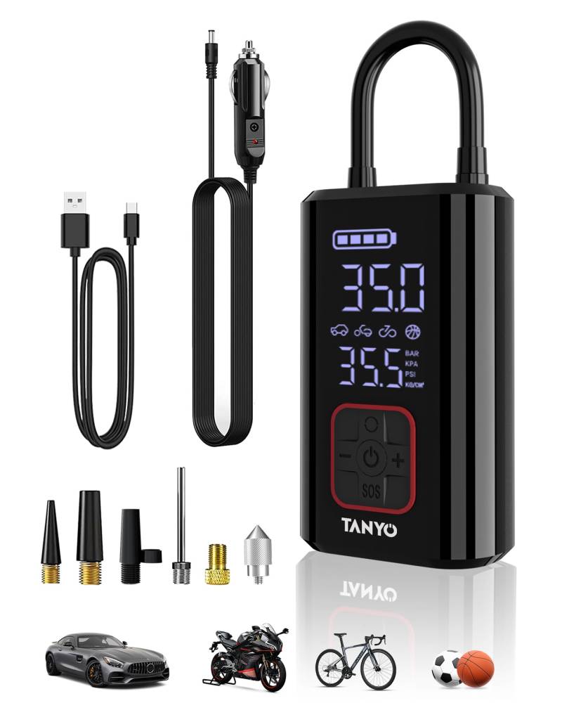 TANYO Elektrische Luftpumpe, Akku Kompressor Auto 150PSI, Mini Tragbare Akku Luftpumpe 12V mit Digitalem Manometer und LED Licht,Elektrischer Fahrradpumpe für Auto Fahrrad Motorrad BäLle von TANYO