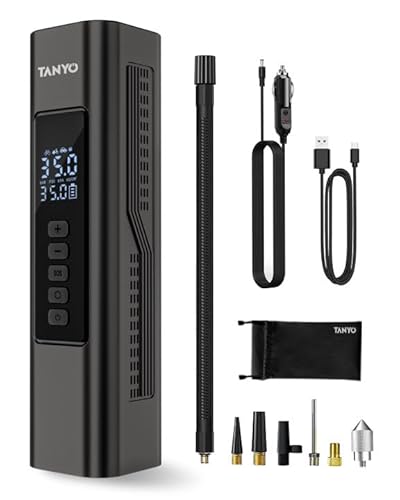 TANYO Tragbarer Elektrische Luftpumpe, 12V DC Wiederaufladbarer Akku Luftpumpe Fahrradpumpe mit Manometer, 150 PSI Mini Kompressor mit LED Licht für Auto, Motorrad, Fahrräder, Bälle von TANYO