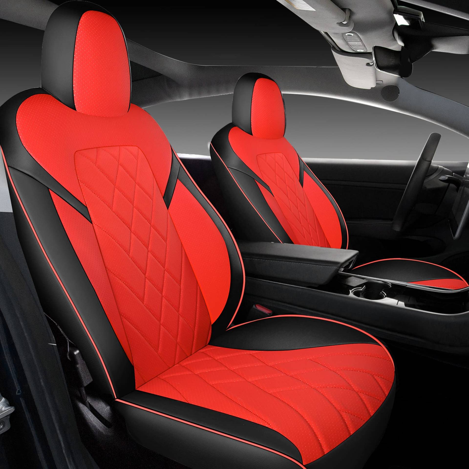 TAPHA Sitzbezüge Set aus Kunstleder für Tesla Model 3 2017-2022, atmungsaktiv und wasserabweisend, inklusive Sitzbezüge für Vorder- und Rücksitze (Schwarz/Rot) von TAPHA