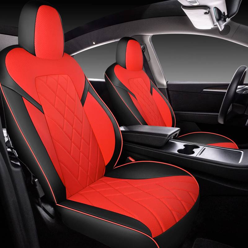 TAPHA Sitzbezüge Set aus Kunstleder für Tesla Model Y 2020-2022, atmungsaktiv und wasserabweisend, inklusive Sitzbezüge für Vorder- und Rücksitze (Schwarz/Rot) von TAPHA