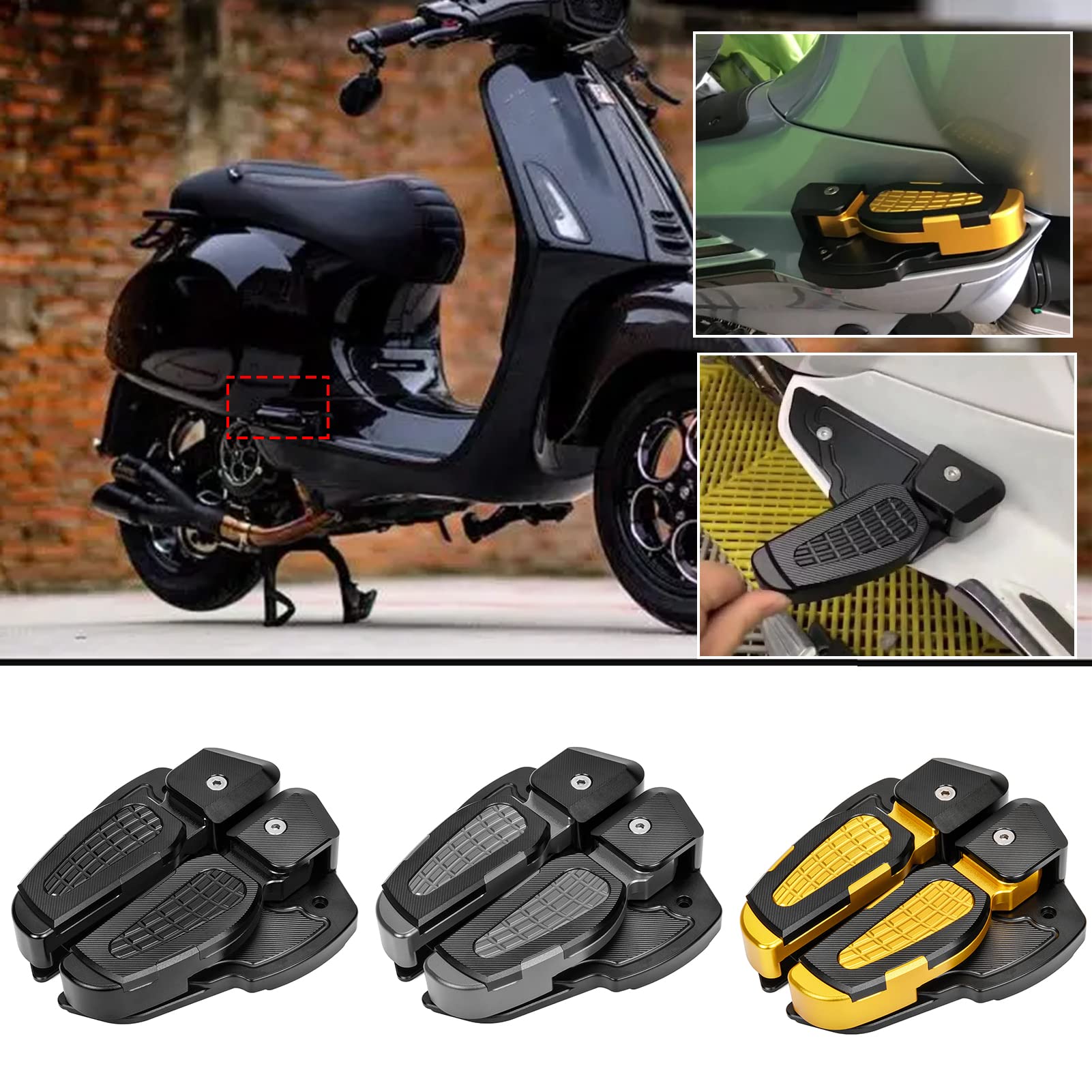 TAZGANTAX Motorrad Rear Passenger Extension Fußpolster Fußrasten Faltbare Pedale Reste Fußstütze für Ves-pa Primavera 125/150 Sprint 125/150 2017 2018 2019 2020 2021 2022 (Schwarz) von TAZGANTAX