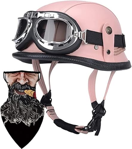 Leder Motorrad Halbhelme Deutsche Retro Halbschalenhelm Jethelm Mit Visier Schnellverschluss Schnalle Für Cruiser Chopper Biker Moped DOT/ECE-Zulassung 4,L von TBTBZXCV