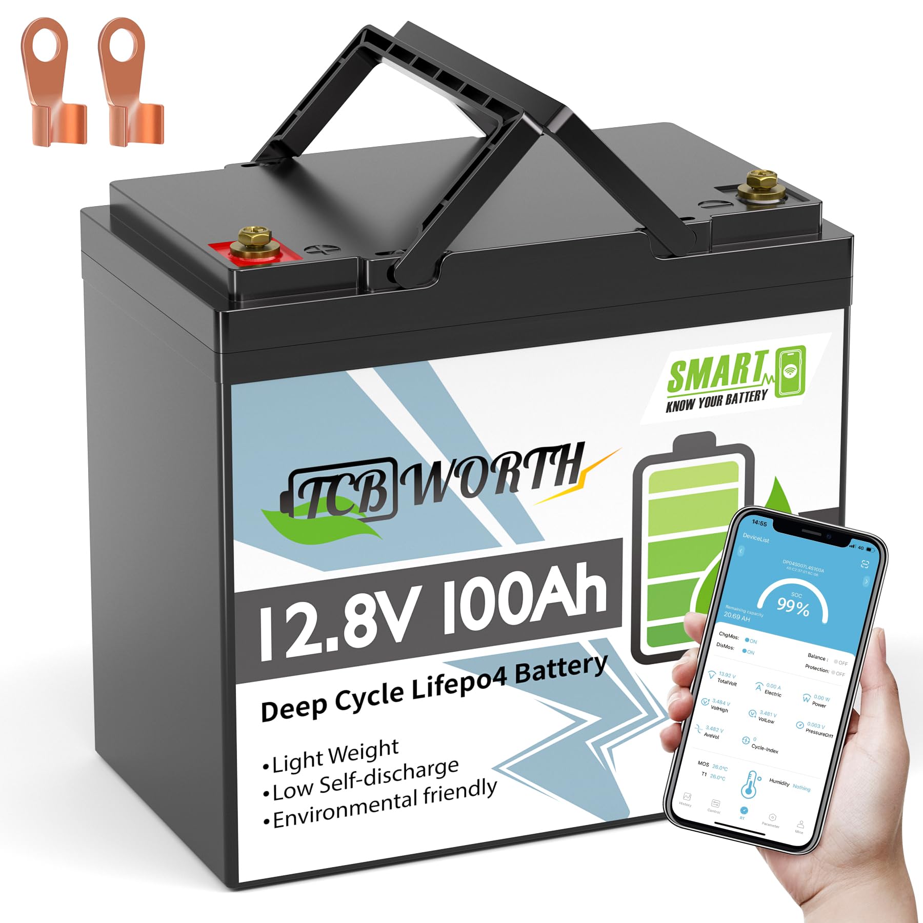 TCBWORTH LiFePO4 100Ah Bluetooth 12.8V Batterie Mini, lithium batterie 100A BMS, 4000-15000 Zyklen Deep Cycle akku, Perfekter Ersatz für Blei-Säure Batterien für wohnmobil, Camping, Solar, Boot TCBWORTH LiFePO4 100Ah Bluetooth 12.8V Batterie Mini, lithium batterie 100A BMS, 4000-15000 Zyklen Deep Cycle akku, Perfekter Ersatz für Blei-Säure Batterien für wohnmobil, Camping, Solar, Boot von TCBWORTH