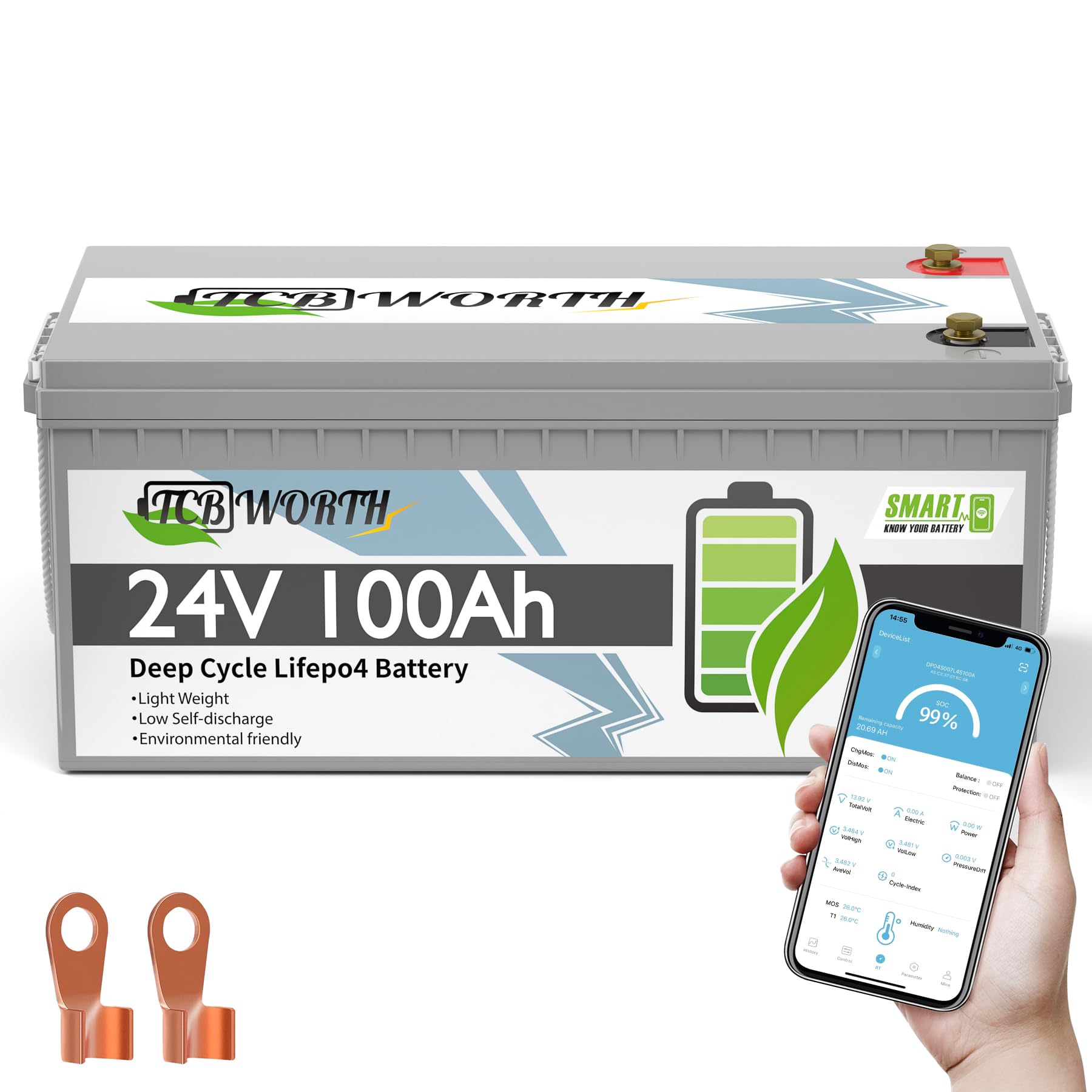 TCBWORTH LiFePO4 100Ah Bluetooth 24V Batterie, lithium batterie 100A BMS, 4000-15000 Zyklen Deep Cycle akku, Perfekter Ersatz für Blei-Säure Batterien für wohnmobil, Camping, Solar Home Systeme, Boot TCBWORTH LiFePO4 100Ah Bluetooth 24V Batterie, lithium batterie 100A BMS, 4000-15000 Zyklen Deep Cycle akku, Perfekter Ersatz für Blei-Säure Batterien für wohnmobil, Camping, Solar Home Systeme, Boot von TCBWORTH