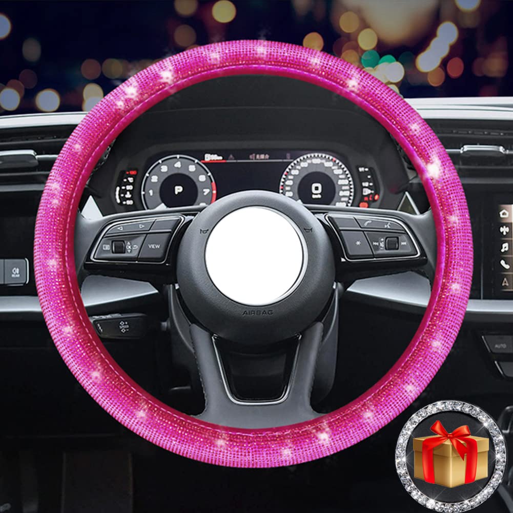 Bling Strass Lenkradbezug für Damen Mädchen mit Kristall Diamant funkelndes Auto SUV Atmungsaktiv Anti-Rutsch Universal 15 Zoll Lenkradbezüge (Rosa) von TCOI