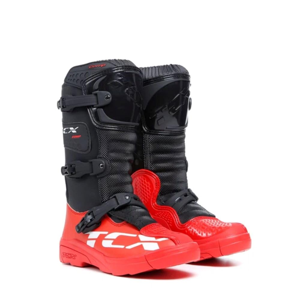 TCX - Comp Kid, Kinder-Motocross-Stiefel, Obermaterial aus Mikrofaser, 3-Schnallen-Polyurethan-Verschluss mit Mikrometrischer Verstellung und Klettverschluss, Schwarz/Rot von TCX