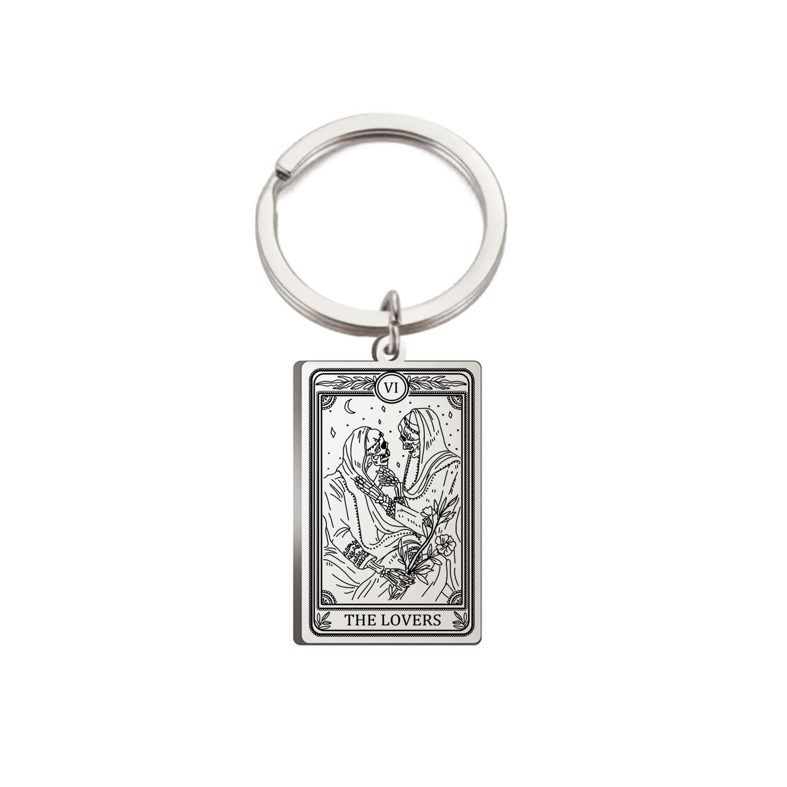 TEAMER Skelett Tarotkarten Schlüsselanhänger Edelstahl Amulett Ringelblume Tarotkarte Major Arcana Schlüsselanhänger für Schlüssel Autos Taschen, Stahl Farbe-die Liebhaber, 24 * 40mm von TEAMER