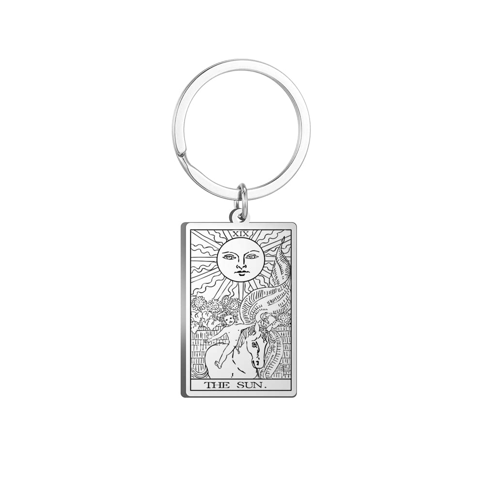 TEAMER Tarotkarten Schlüsselanhänger Edelstahl Vintage Amulett Wicca Schlüsselanhänger für Schlüssel Autos Taschen, Silber-die Sonne, 24 * 40mm TEAMER Tarotkarten Schlüsselanhänger Edelstahl Vintage Amulett Wicca Schlüsselanhänger für Schlüssel Autos Taschen, Silber-die Sonne, 24 * 40mm von TEAMER