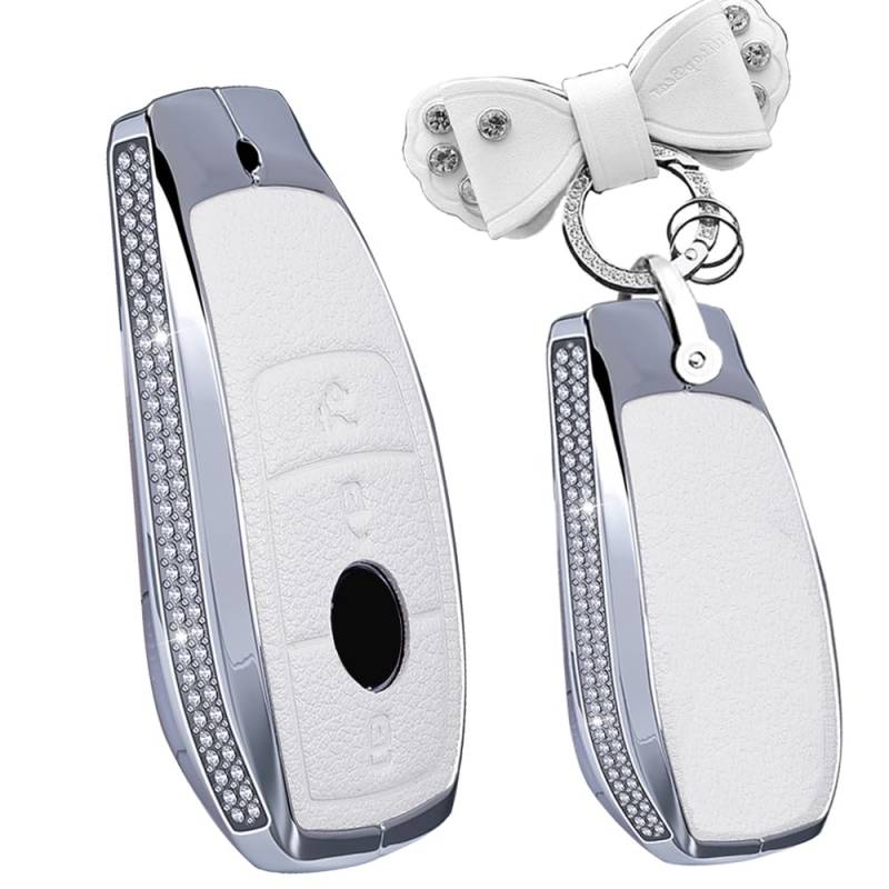 TECART Aluminiumlegierung Autoschlüssel Hülle Passt für Passt für Mercedes Benz A C E S G Klasse GLC CLE CLA W177 W205 W213 W222 S63 AMG Diamond Autoschlüssel Schlüsselcover Zubehör 3 Taste Weiß A von TECART