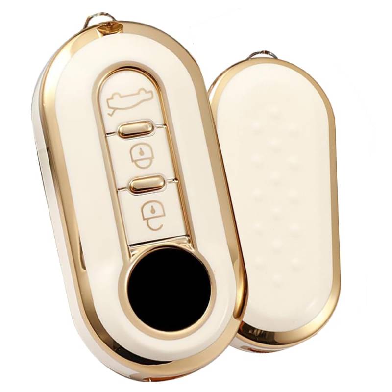 TECART Autoschlüssel Hülle Cover Passt für FIAT Ducato 500 500L Panda Grande Punto Lancia Musa Ypsilon Delta TPU Zubehör Auto Schlüssel 3 Taste Schlüsselhülle Schlüsselanhänger Gold Weiß A von TECART