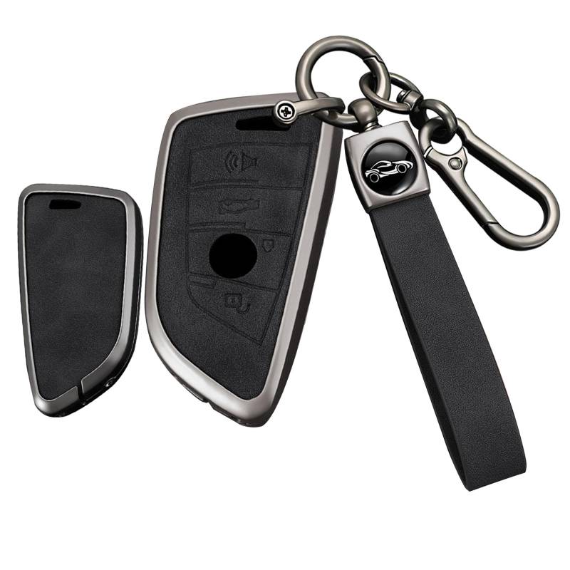TECART Autoschlüssel Hülle Passt für BMW 2 3 5 6 7 Series GT5 M4 M5 X1 X2 X3 X5 X6 X7 Schlüssel Hülle Zinklegierung Leder Schlüsselbox Cover 4 Tasten- Lange Schwarz von TECART