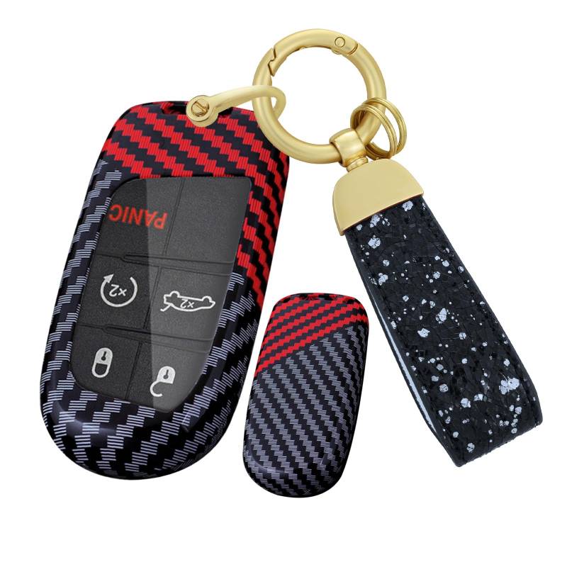 TECART Autoschlüssel Hülle Schlüsselhülle Passt für Jeep Cherokee Compass Renegade Dodge RAM 1500 Challenger Chrysler 200 FIAT Schlüsselschutz Schlüsselbund Zubehör Schlüsselanhänger B-Schwarz Rot von TECART