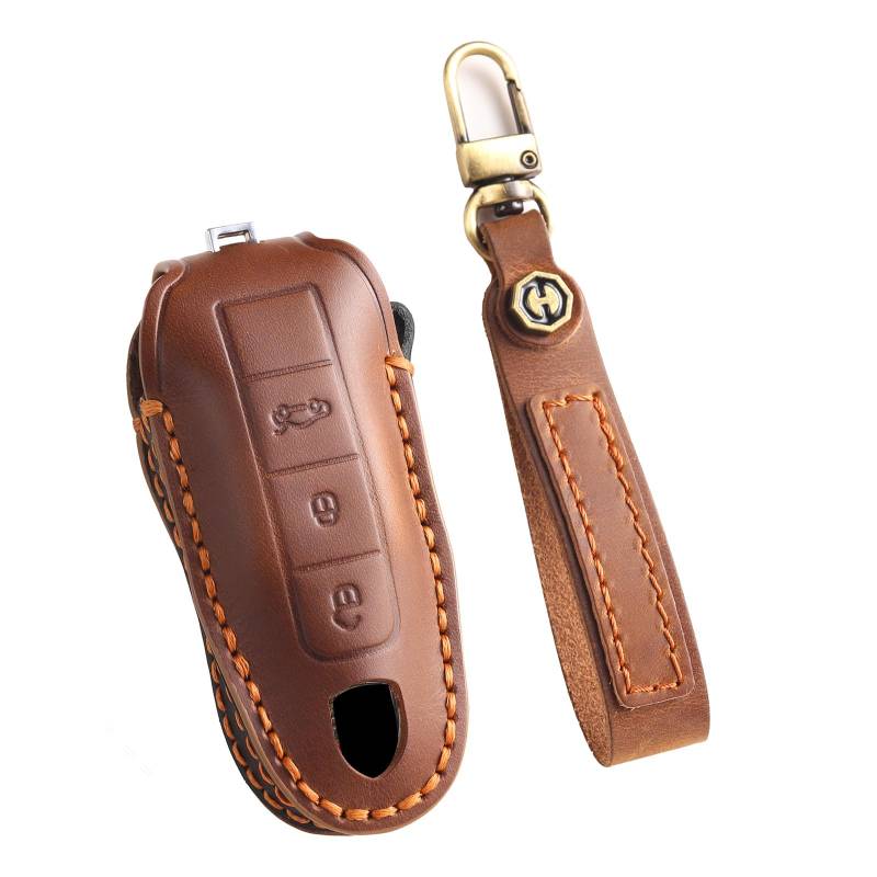 TECART Autoschlüsselhalter Schutzhülle Passt für Porsche 911 718 Cayenne Macan Panamera Boxster Cayman Carrera Spyder Schlüsselschutz Leder Schlüsseltasche Schlüsselanhänger 3 Tasten Braun von TECART
