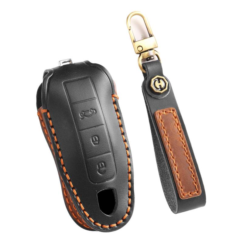TECART Autoschlüsselhalter Schutzhülle Passt für Porsche 911 718 Cayenne Macan Panamera Boxster Cayman Carrera Spyder Schlüsselschutz Leder Schlüsseltasche Schlüsselanhänger 3 Tasten Schwarz von TECART