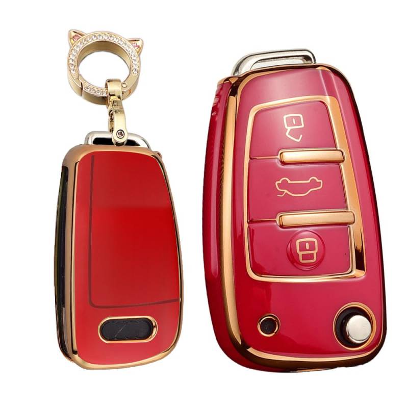 TECART Klapp Autoschlüssel Hülle Cover Passt für Audi A1 A3 A4 A6 A8 Quattro Q2 Q3 Q7 S3 S6 RS3 RS6 R8 TT TTS TPU Zubehör Auto Schlüssel Etui 3 Taste Schlüsselhülle mit Schlüsselanhänger Rot A von TECART