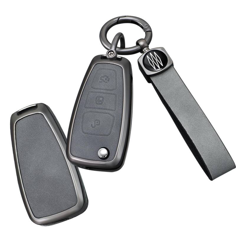 TECART Klappschlüssel Autoschlüssel Hülle Autoschlüsselgehäuse Passt für Ford Ranger C-Max Focus Grand C-Max Mondeo S-Max Galaxy Schutzhülle Leder Schlüsselmäppchen Schlüsselschutz 3 Tasten B Grau von TECART