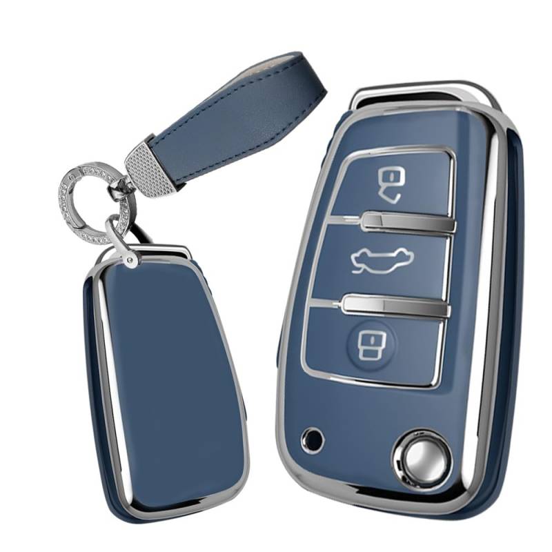 TECART Smart Autoschlüssel Hülle Cover Passt für Subaru Legacy Impreza WRX XV BRZ Forester Levorg Trezia Leder Tragbar Schutzhülle Schlüsselcover Zubehör Schlüssel Schutz 3 Taste A Silber Blau von TECART