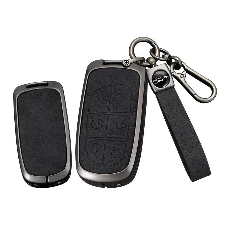 TECART Smart Autoschlüssel Hülle Passt für Jeep Cherokee Compass Renegade Schlüssel Schutz Etui Passt für Dodge RAM 1500 2500 Chrysler FIAT 500 Schlüsselgehäuse Schlüsselbox Leder 5 Tasten Schwarz von TECART