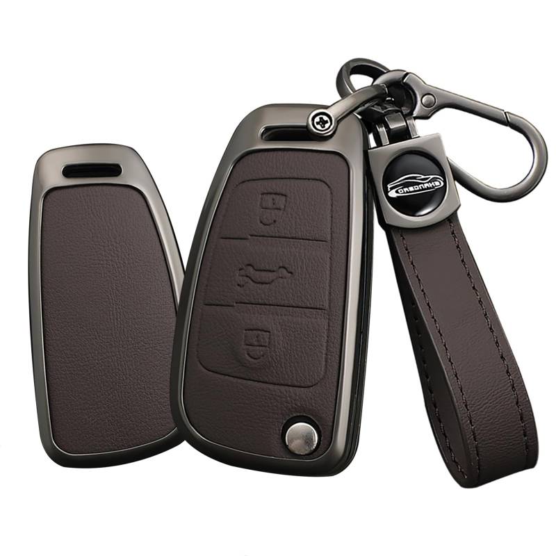 TECART Smart Autoschlüssel Hülle Cover Passt für Audi A1 A3 A4 A6 A8 Quattro Q2 Q3 Q7 S3 S6 RS3 RS6 R8 TT TTS Lede Zinklegierung Schutzhülle Schlüsselcover Tragbar Zubehör 3 Taste B Braun von TECART