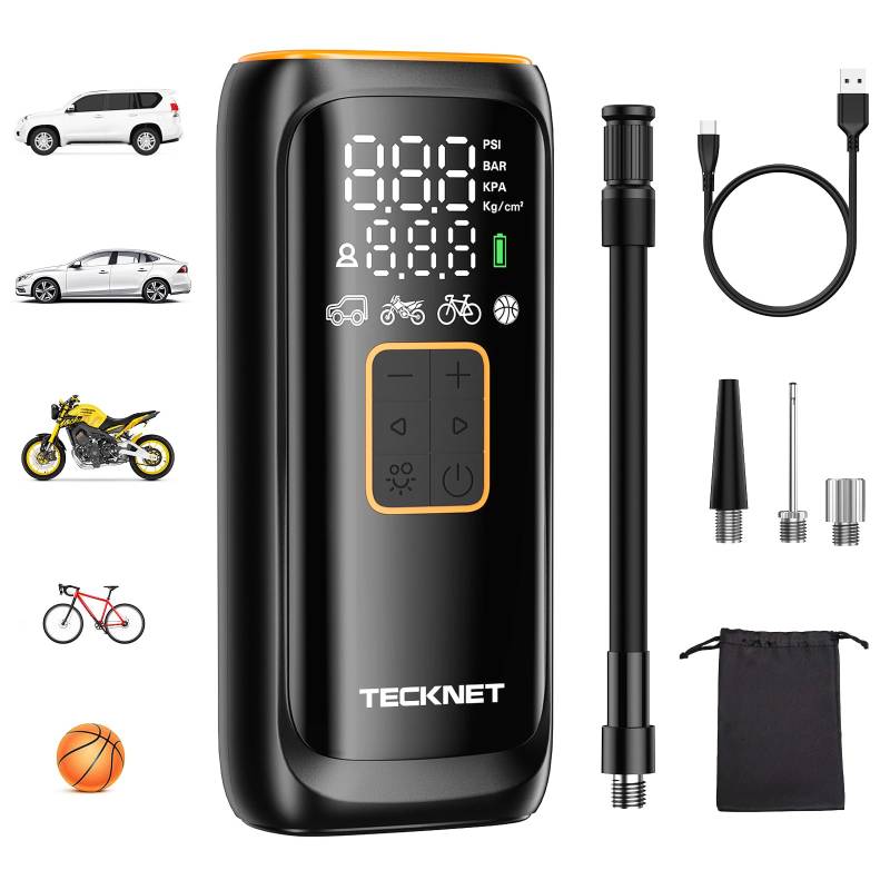 TECKNET Akku Kompressor 6000mAh, Elektrische Luftpumpe 150 PSI, Fahrradpumpe Elektrisch, Luftkompressor mit Manometer für Autos, Fahrräder, Motorrad, Bälle, Powerbank und Taschenlampe Funktion von TECKNET