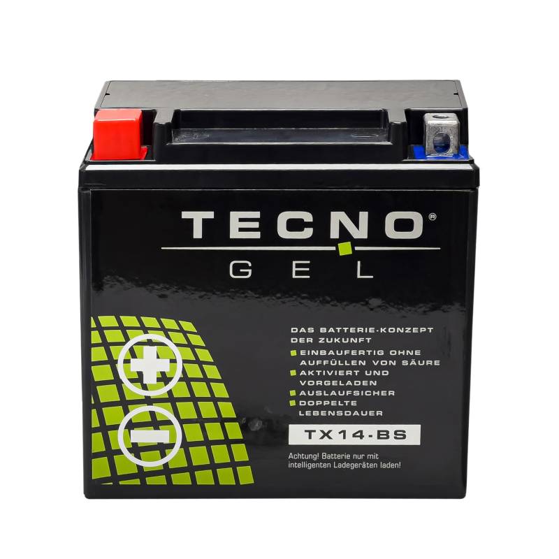 TECNO GEL Motorrad-Batterie für YTX14-BS, 12V Gel-Batterie 12 Ah (DIN 51214), 151x87x145 mm von TECNO-GEL