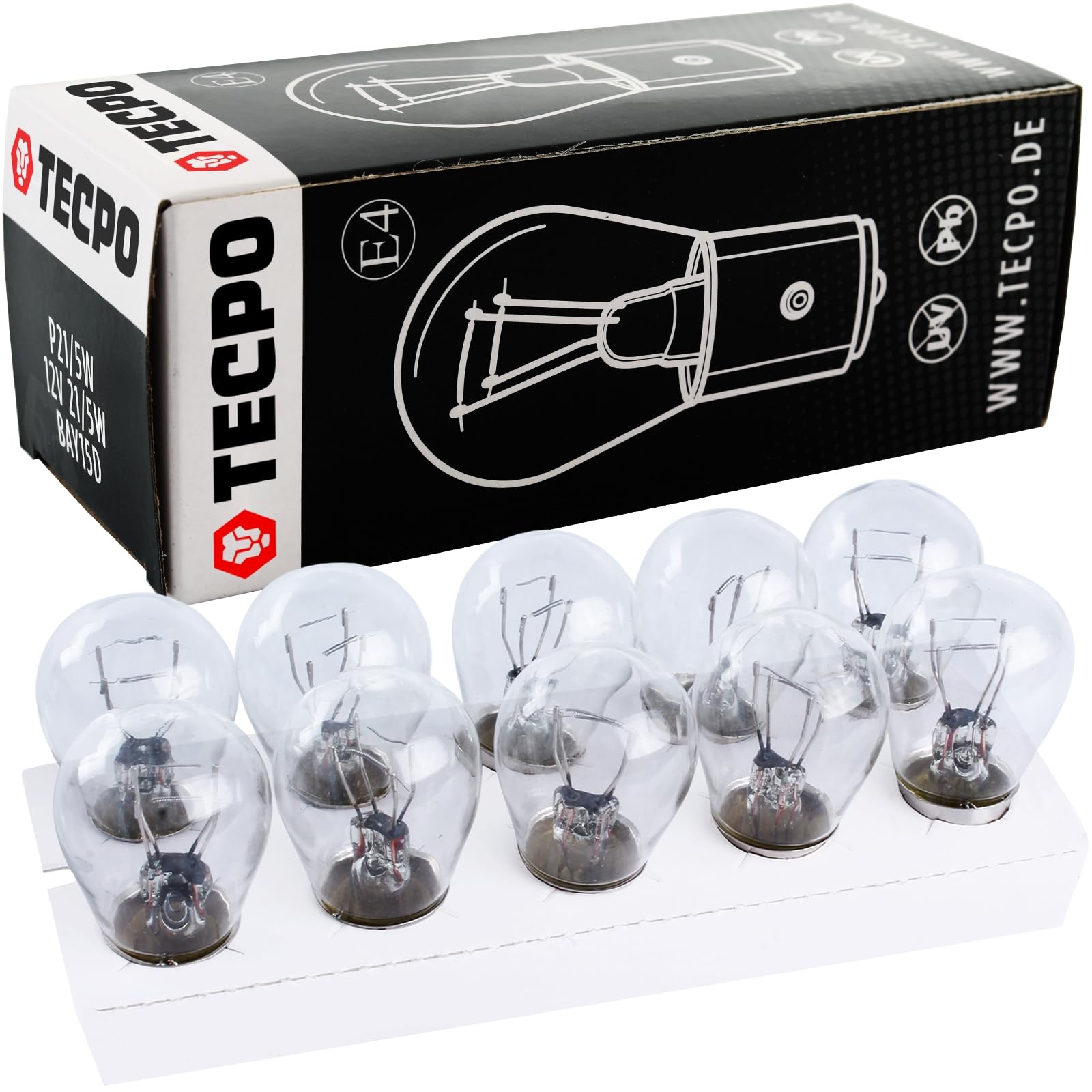TECPO 10x Glühbirnen P21W 12V 21W mit E-Prüfzeichen, ideal für Bremslicht, Rückfahrleuchte und Tagfahrlicht, Doppelfaden, höhenversetzte Pins, universelle Kugellampen für Bremsleuchte & Rückfahrlicht TECPO 10x Glühbirnen P21W 12V 21W mit E-Prüfzeichen, ideal für Bremslicht, Rückfahrleuchte und Tagfahrlicht, Doppelfaden, höhenversetzte Pins, universelle Kugellampen für Bremsleuchte & Rückfahrlicht von TECPO