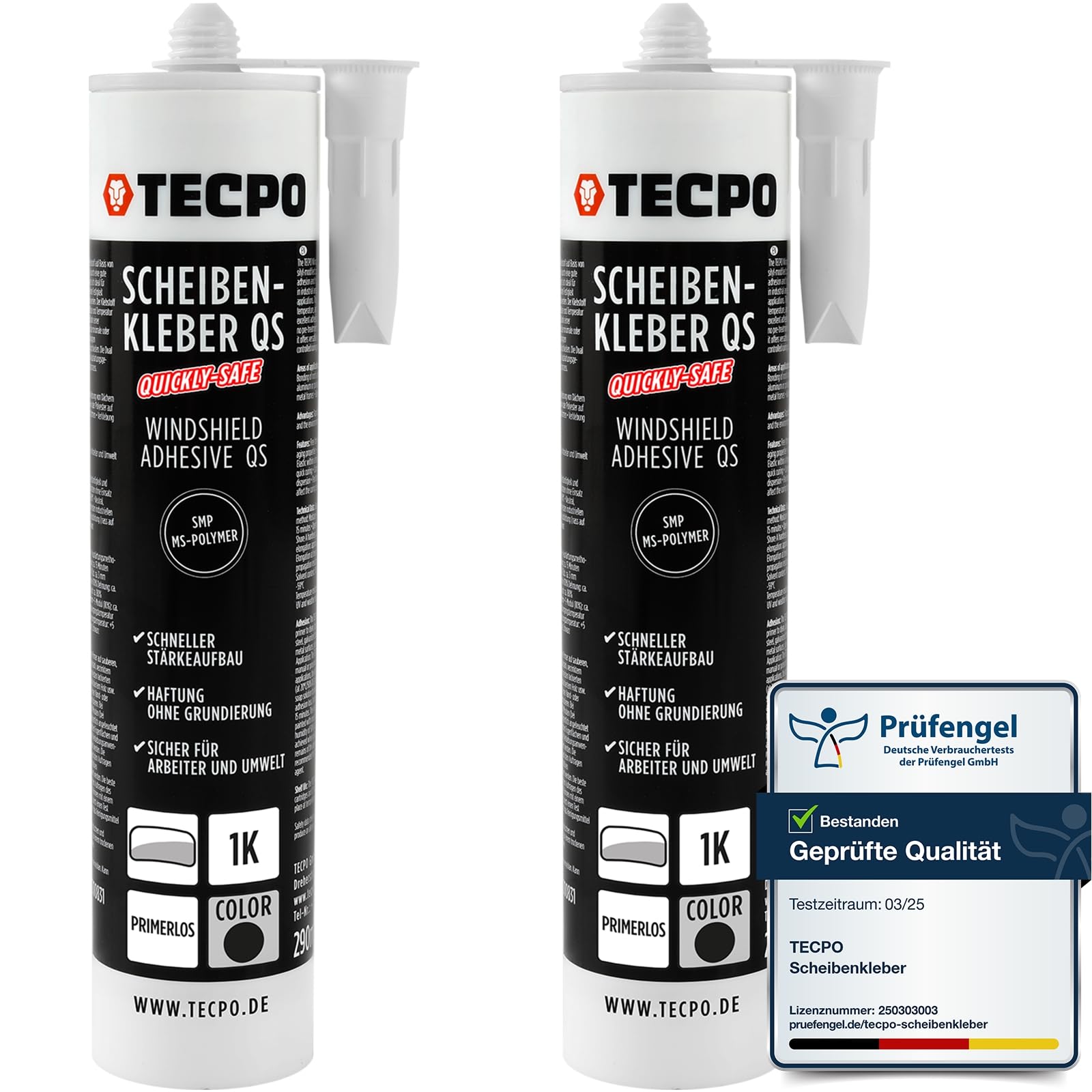TECPO 2X Scheibenkleber Quickly-Safe, 290ml MS-Polymer primerlos mit Kleb- und Dichtstoff-Technologie Scheibenklebstoff - Elastisch witterungsbeständiger Klebstoff zum Verkleben und Abdichten von TECPO