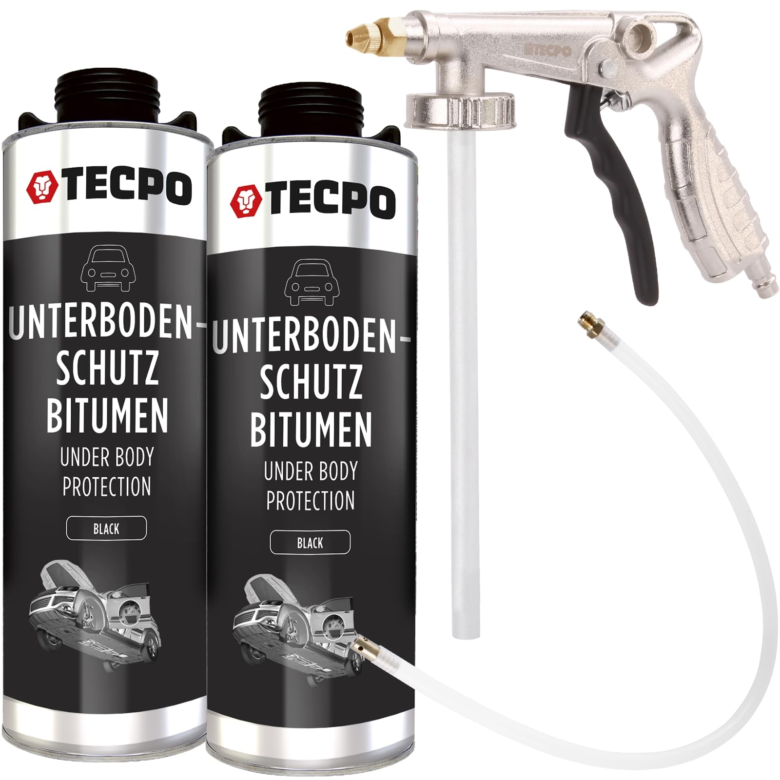 TECPO 2X Unterbodenschutz, 1 Liter Bitumen Schwarz Steinschlagschutz + Sprühpistole von TECPO