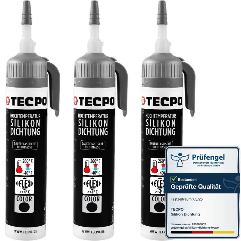 TECPO 3X Hochtemperatur Dichtstoff Dichtmasse, 200 ml Silikon Dichtung Dauerelastisch schwarz hitze- und wasserbeständig Silikondichtmasse von TECPO