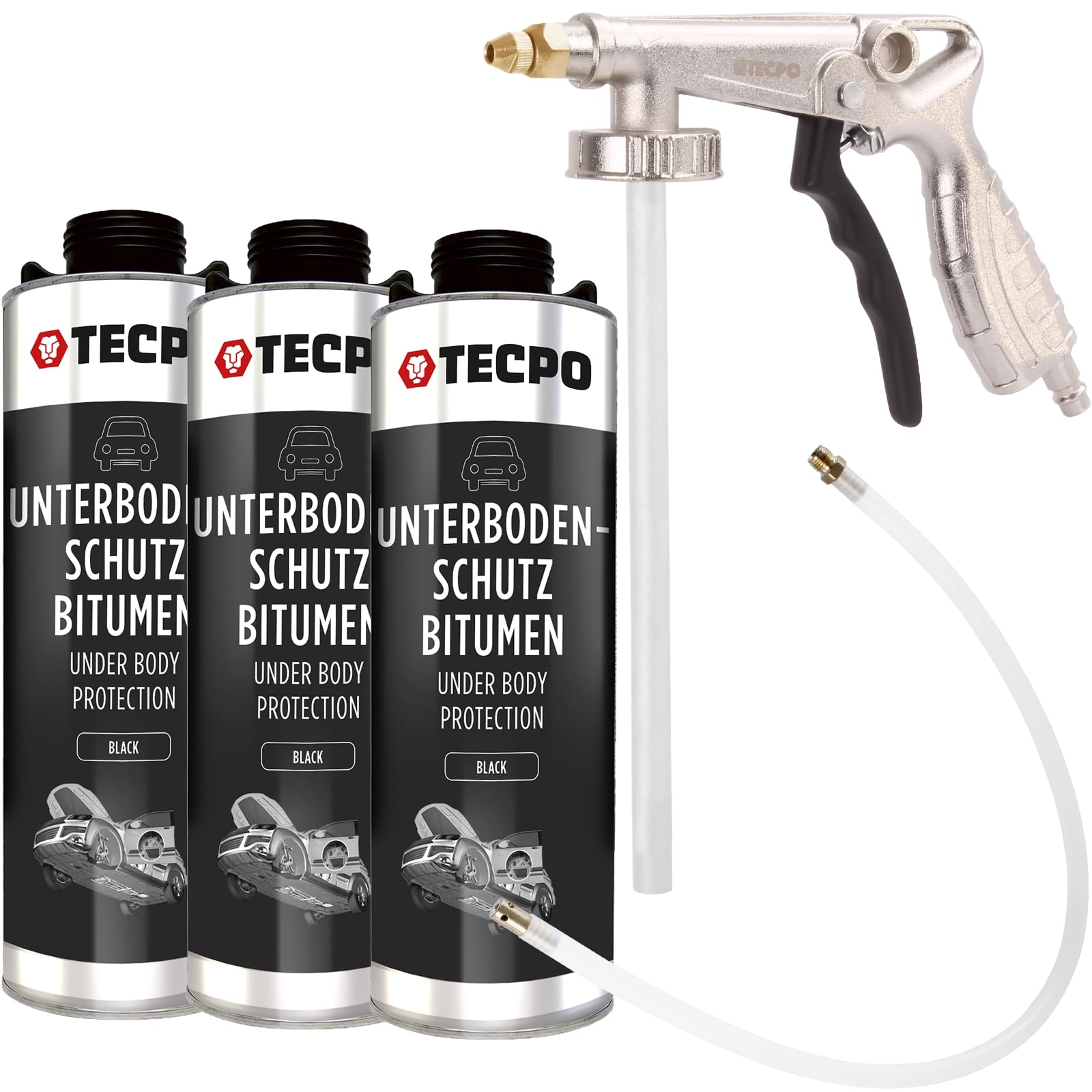 TECPO 3X Unterbodenschutz, 1 Liter Bitumen Schwarz Steinschlagschutz + Sprühpistole von TECPO