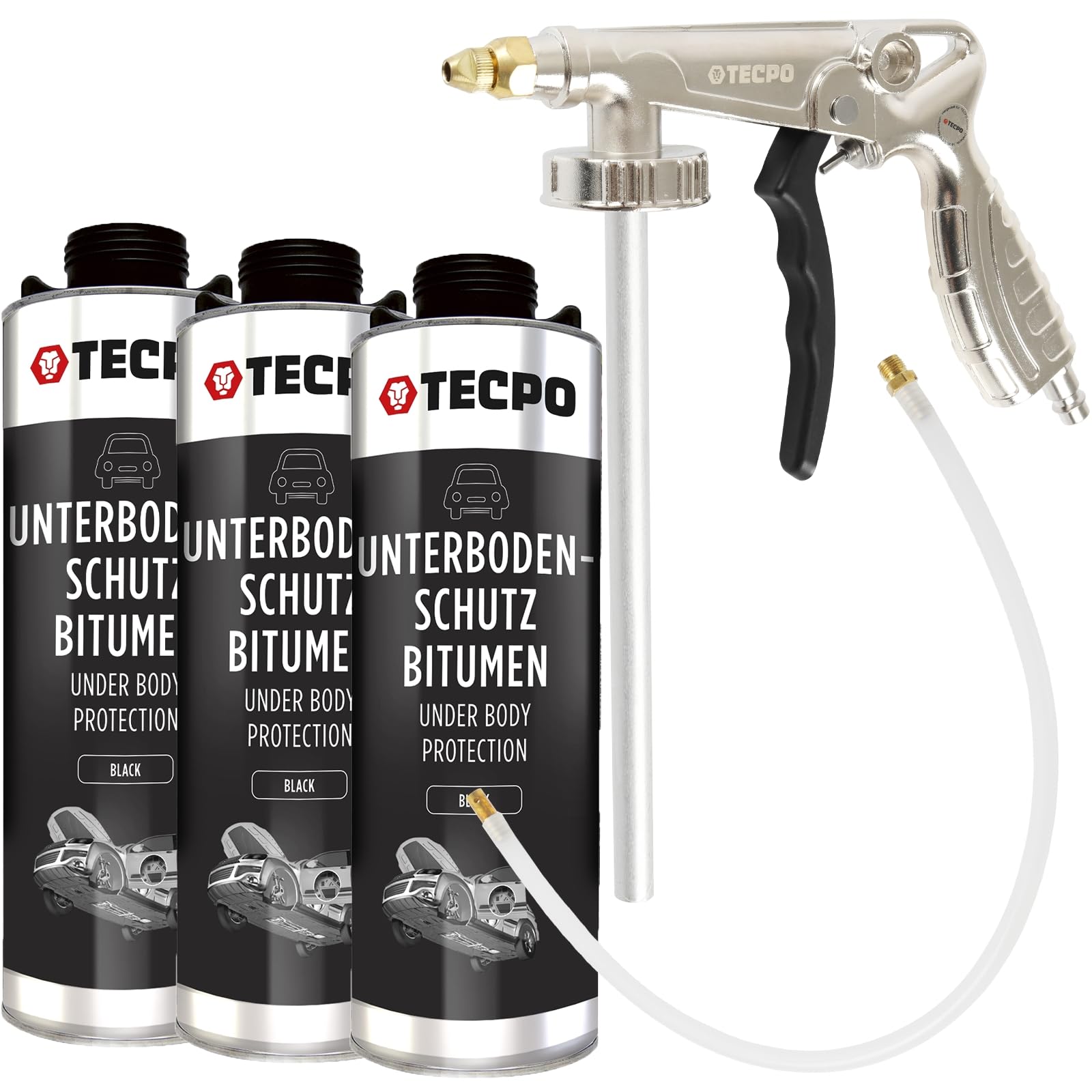 TECPO 3X Unterbodenschutz, 1 Liter Bitumen Schwarz Steinschlagschutz + Sprühpistole von TECPO