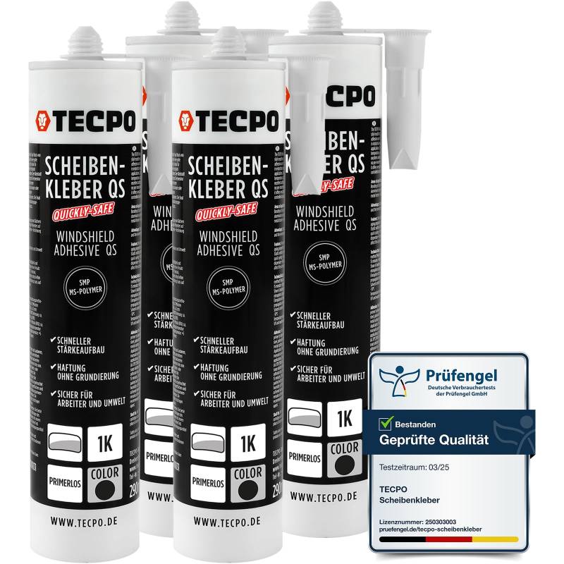 TECPO 4X Scheibenkleber Quickly-Safe, 290ml MS-Polymer primerlos mit Kleb- und Dichtstoff-Technologie Scheibenklebstoff - Elastisch witterungsbeständiger Klebstoff zum Verkleben und Abdichten von TECPO