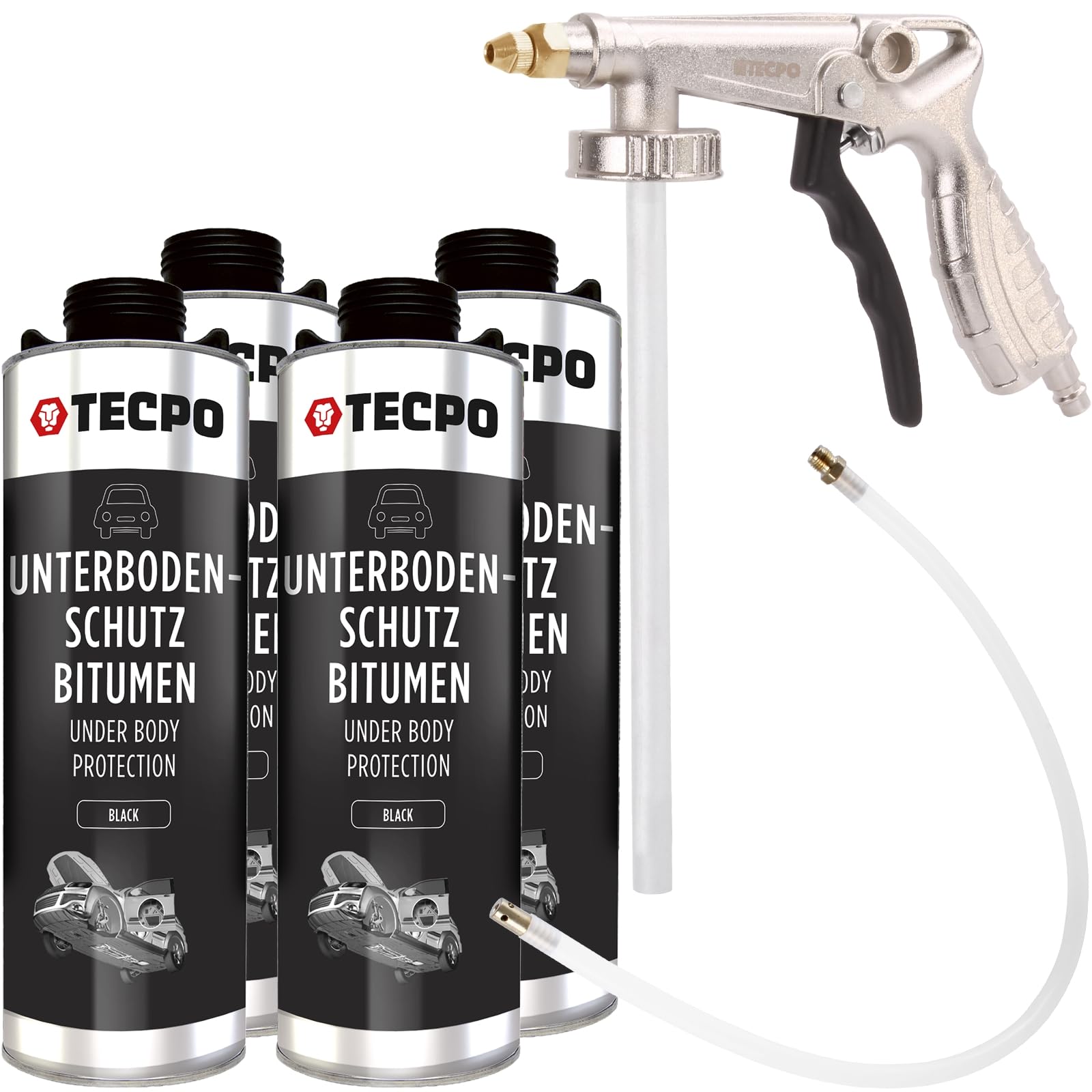 TECPO 4X Unterbodenschutz, 1 Liter Bitumen Schwarz Steinschlagschutz + Sprühpistole von TECPO