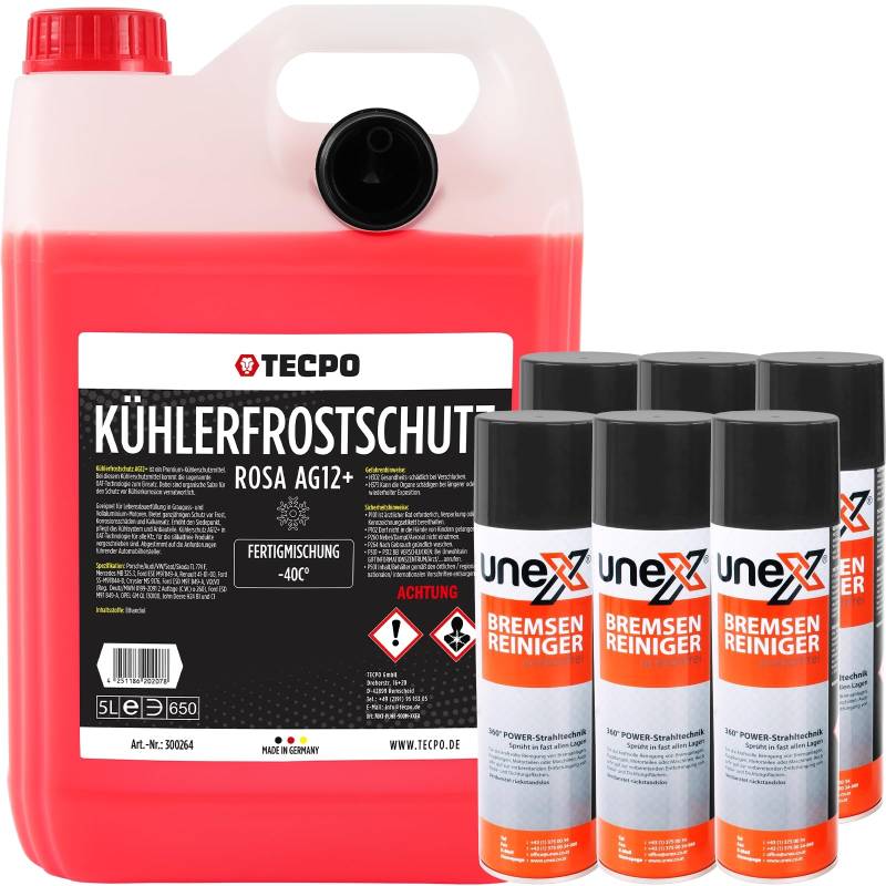 TECPO 6X Bremsenreiniger, 500ml + Kühlerfrostschutz rosa G12, 5 Liter + Kühlmittel -40°C von TECPO