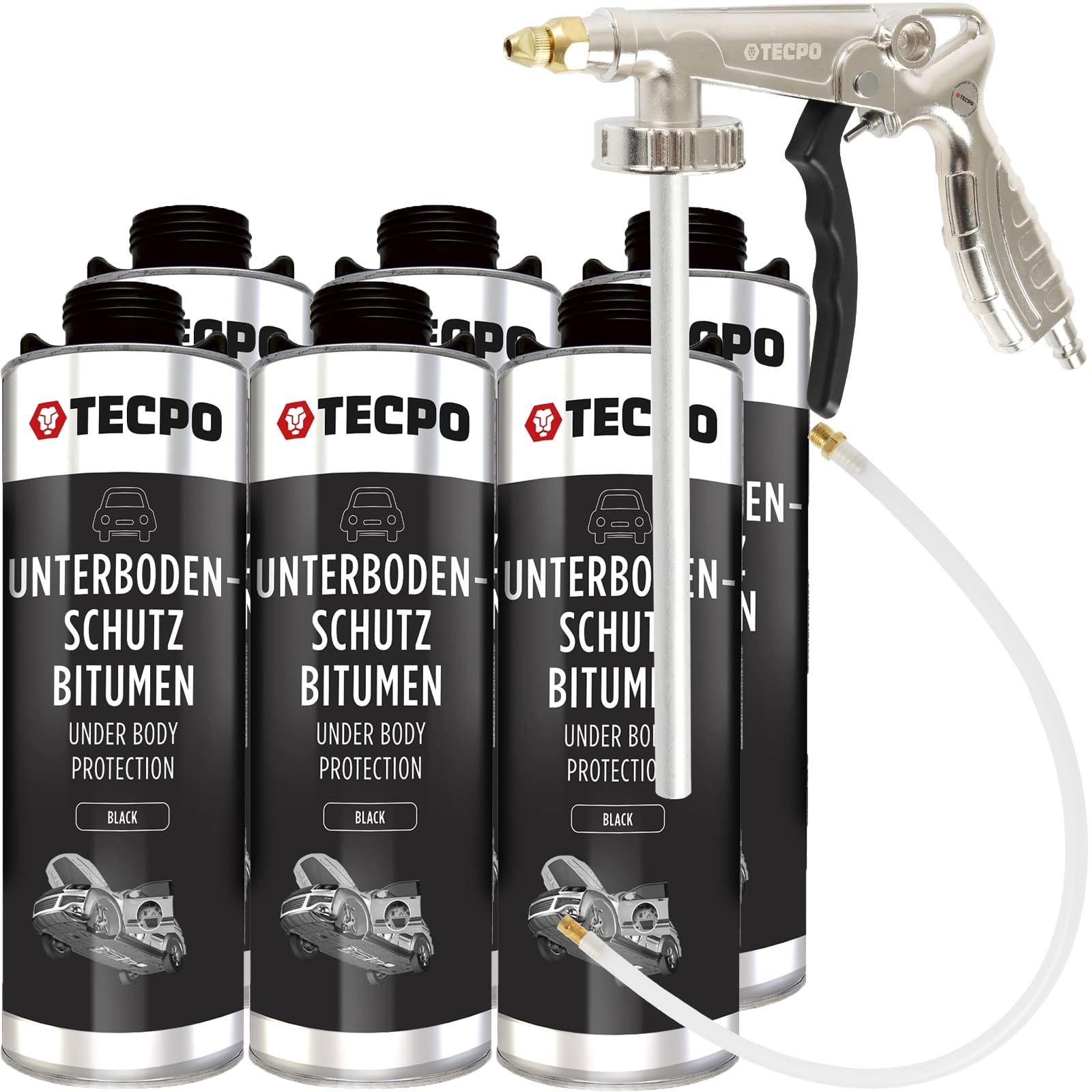 TECPO 6X Unterbodenschutz, 1 Liter Bitumen Schwarz Steinschlagschutz + Sprühpistole von TECPO