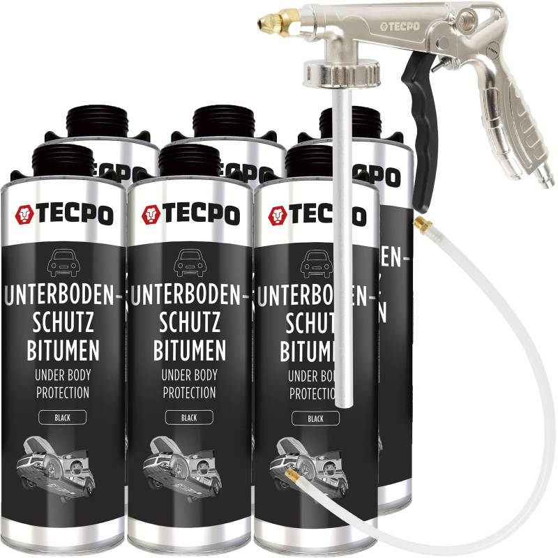 TECPO 6X Unterbodenschutz, 1 Liter Bitumen Schwarz Steinschlagschutz + Sprühpistole von TECPO