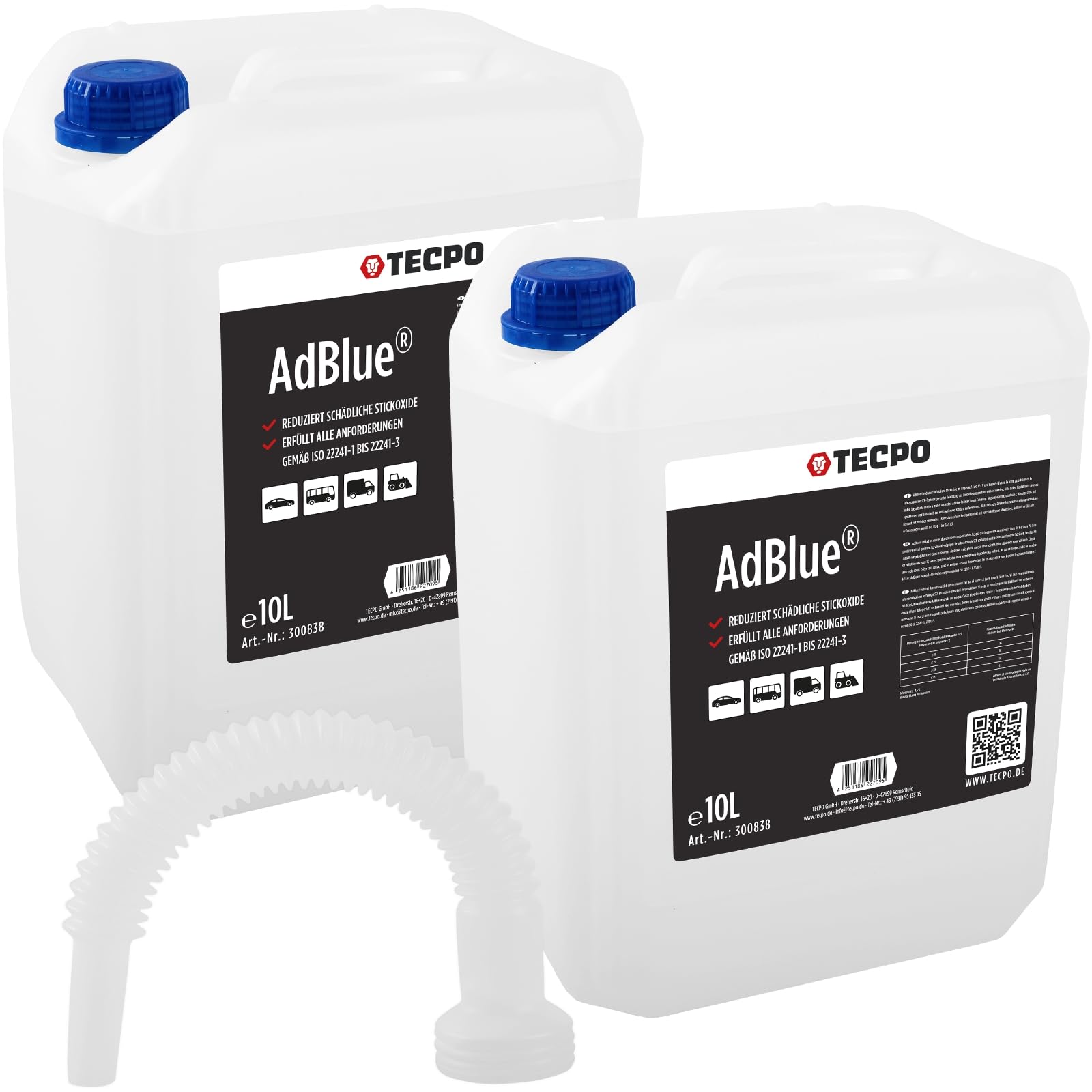 TECPO AdBlue ® 20 Liter Harnstofflösung SCR Abgasreinigung Ad Blue mit Trichter Kanister Ausgießer Diesel TDI inkl. Füllschlauch für Auto, LKW, PKW von TECPO