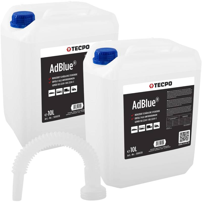 TECPO AdBlue ® 20 Liter Harnstofflösung SCR Abgasreinigung Ad Blue mit Trichter Kanister Ausgießer Diesel TDI inkl. Füllschlauch für Auto, LKW, PKW von TECPO