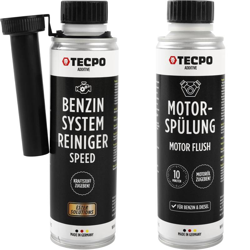 TECPO Benzin System-Reiniger Speed ESTER 300 ml + Motorspülung Motor Flush Additiv 300 ml - Effektive Reinigung für Benzin- & Dieselmotoren, entfernt Ablagerungen, schützt & verlängert die Lebensdauer von TECPO