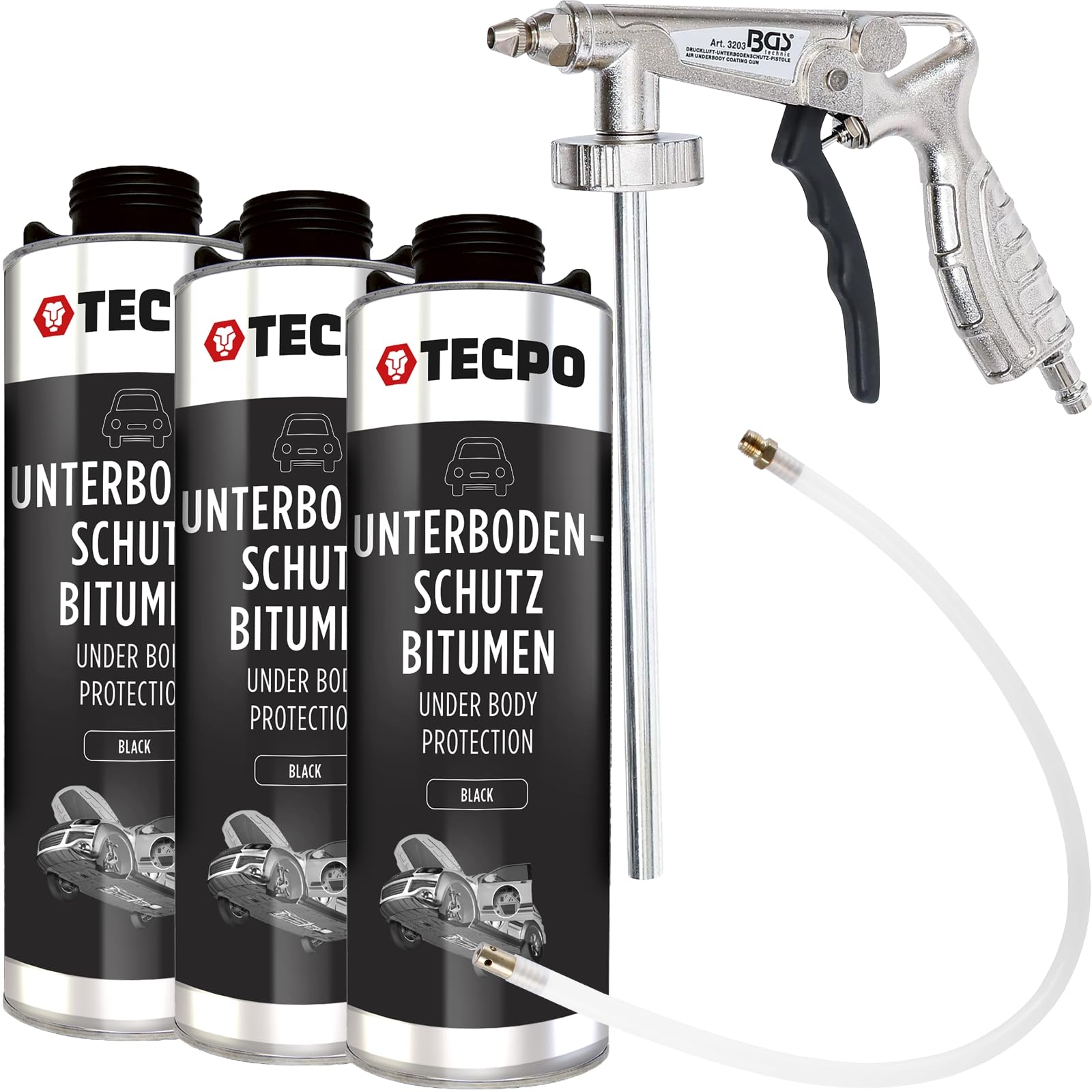 TECPO Bitumen Unterbodenschutz, 3 Liter Steinschlagschutz schwarz + Druckluft-Sprühpistole TECPO Bitumen Unterbodenschutz, 3 Liter Steinschlagschutz schwarz + Druckluft-Sprühpistole von TECPO