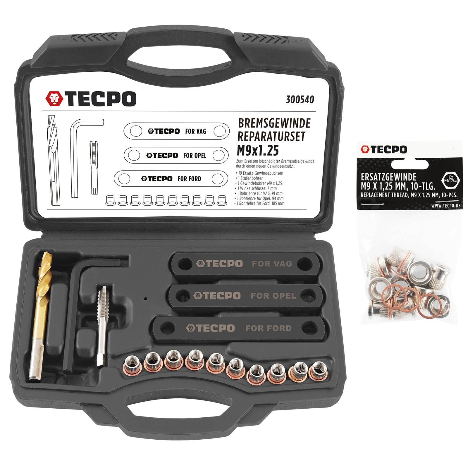 TECPO Bremsgewinde Reparatur Set, 16-TLG. M9 x 1,25 mit Ersatzgewinde, Gewindebohrer mit Gewindebuchsen Führungsbolzen Gewindereparatur Werkzeug Gewindehülse TECPO Bremsgewinde Reparatur Set, 16-TLG. M9 x 1,25 mit Ersatzgewinde, Gewindebohrer mit Gewindebuchsen Führungsbolzen Gewindereparatur Werkzeug Gewindehülse von TECPO