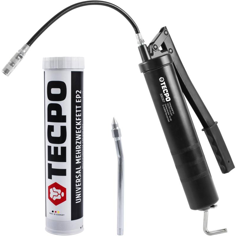 TECPO Universal Mehrzweckfett EP2 400g Kartusche Schmierfett, Lithiumfett, Universalfett, KFZ-Schmierung, wasserbeständig, KP2K-30 Lithium Fett + Einhandfettpresse mit Handhebel inkl. Panzerschlauch von TECPO
